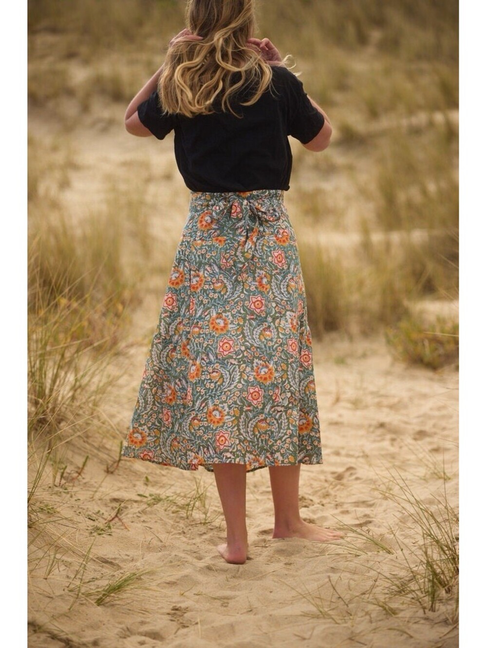 Banjaara Midi Wrap Skirt Blue Yellow Floral Hand Block Print Cotton L/XL - Picture 2 of 12